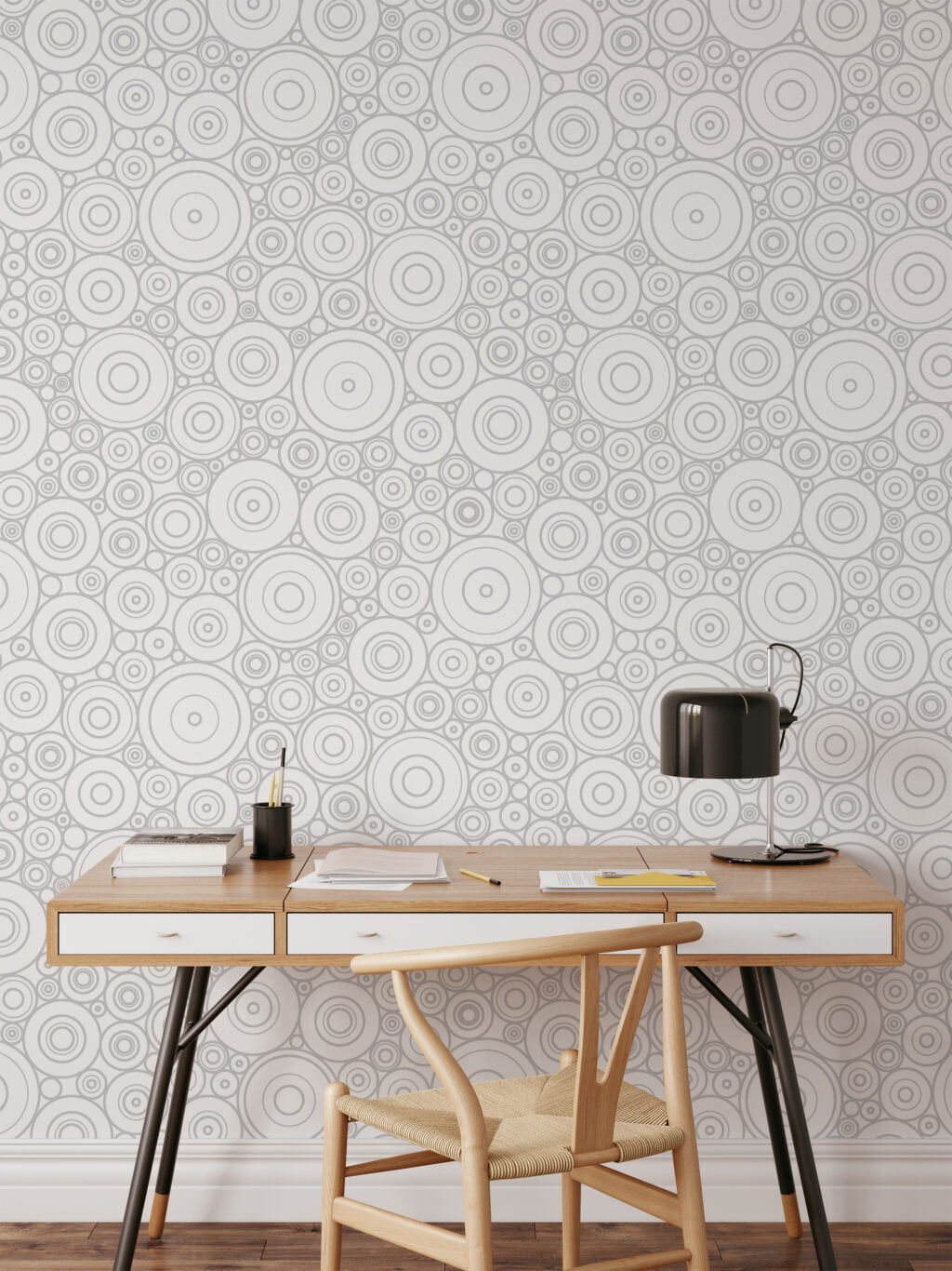 Abstract Grey Circles Design Wallpaper, Monochrome Geometric Circles Peel & Stick Wall Mural