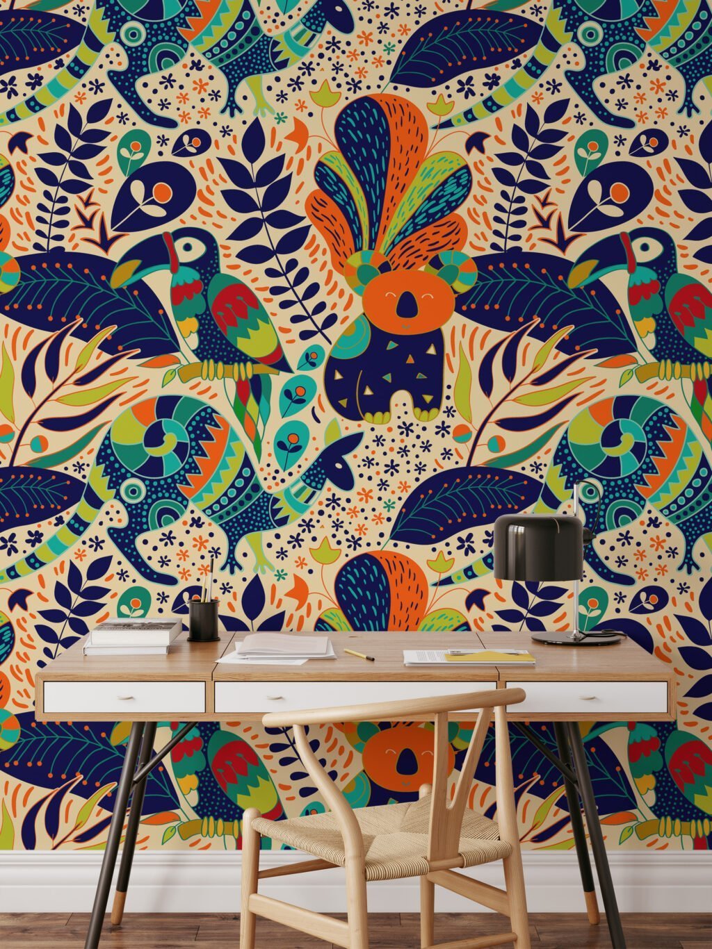 Colorful Folk Art Illustration With Toucans Kangaroos And Koalas Wallpaper, Abstract Jungle Animals Peel & Stick Wall Mural