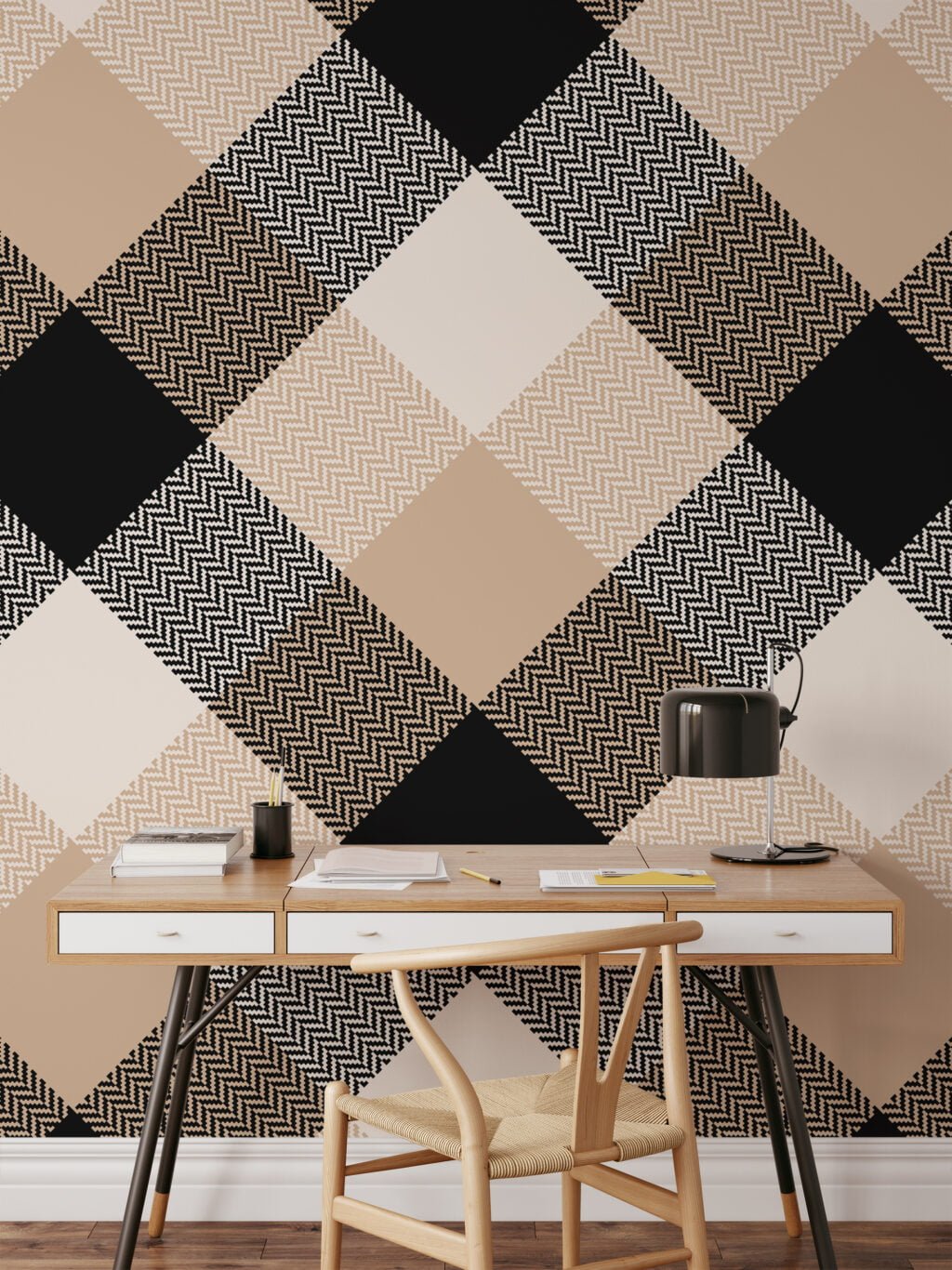 Beige And Black Checker Illustration Wallpaper, Contemporary Neutral Geometric Peel & Stick Wall Mural