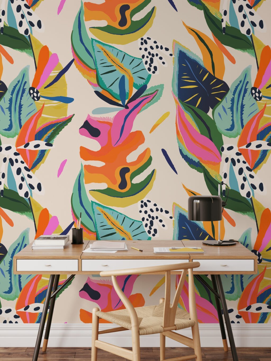 Abstract Colorful Leaves Wallpaper, Vibrant Tropical Contemporary Peel & Stick Wall Mural