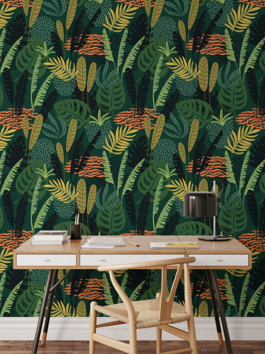 Green Flat Art Leaves Illustration Wallpaper, Lush Botanical Patterns Peel & Stick Wall Mural