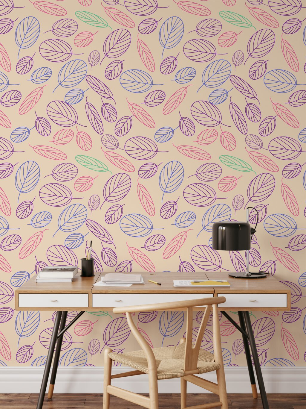 Colorful Abstract Line Art Leaves Wallpaper, Pastel Leaf Harmony Peel & Stick Wall Mural