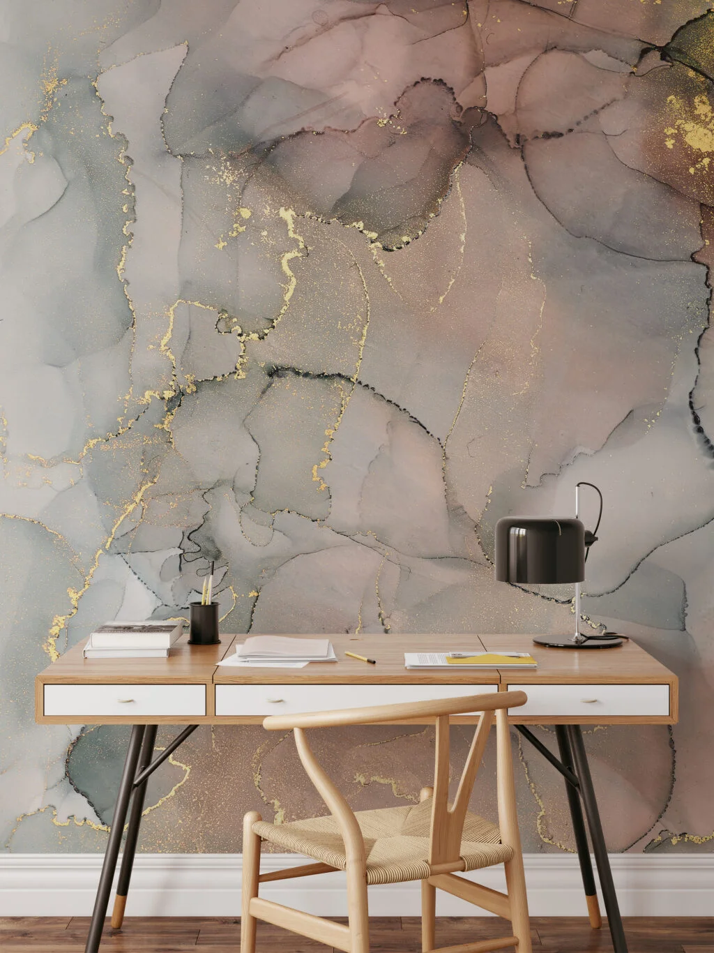 Muted Sage Green And Peach Gold Alcohol Ink Art Marble Wallpaper, Luxe Gold Marble Peel & Stick Wall Mural