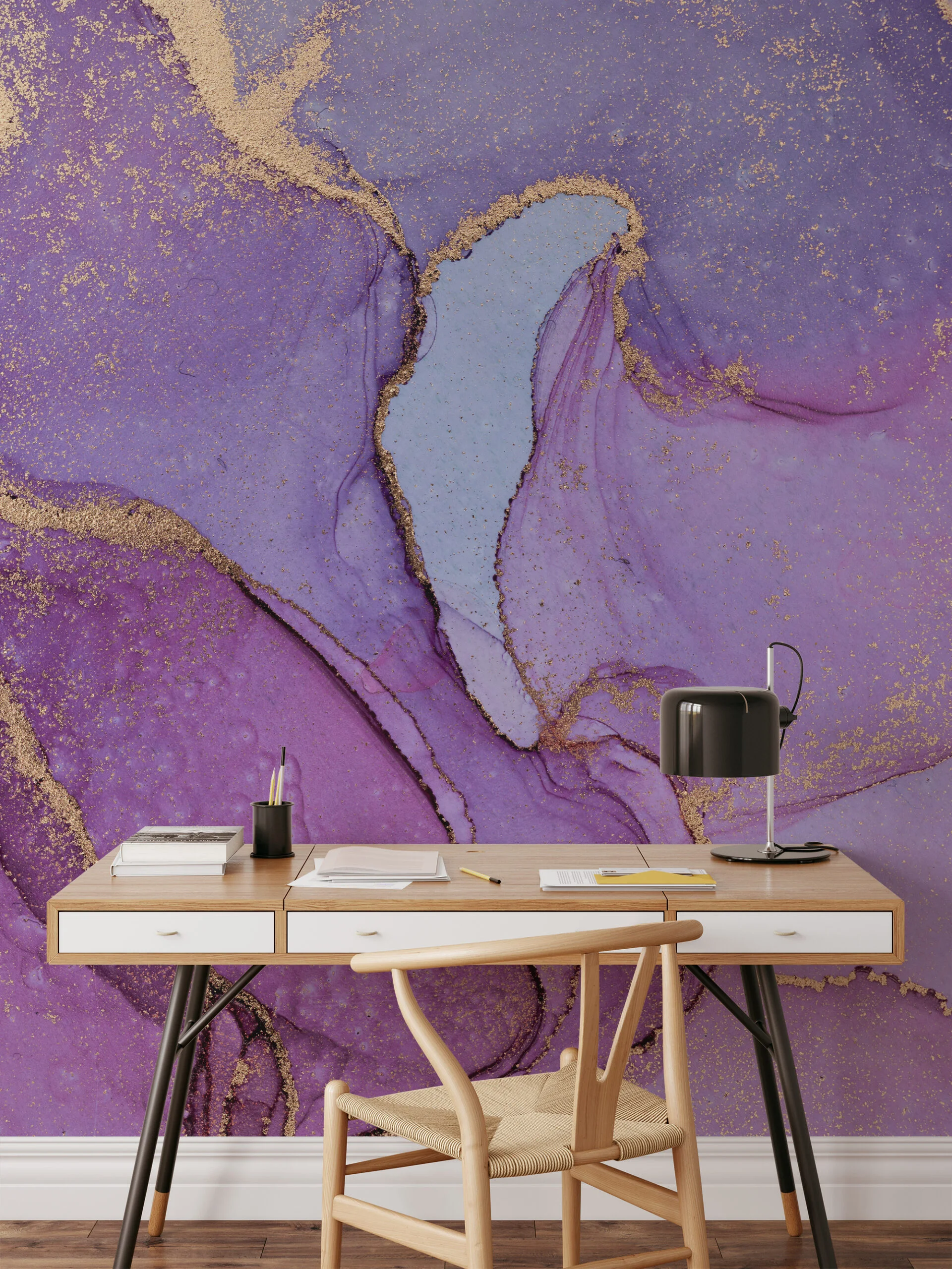 Pink Purple Gold Alcohol Ink Art Marble Wallpaper, Gilded Lavender Marble Peel & Stick Wall Mural