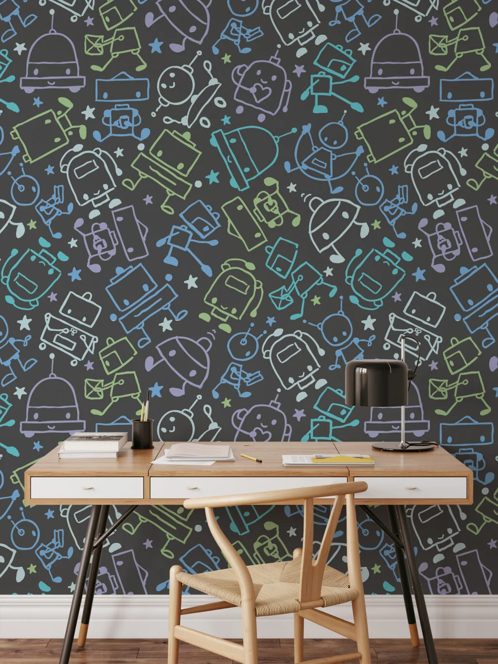 Cute Hand Drawn Playroom Robots Nursery Wallpaper, Galactic Doodle Kids Peel & Stick Wall Mural