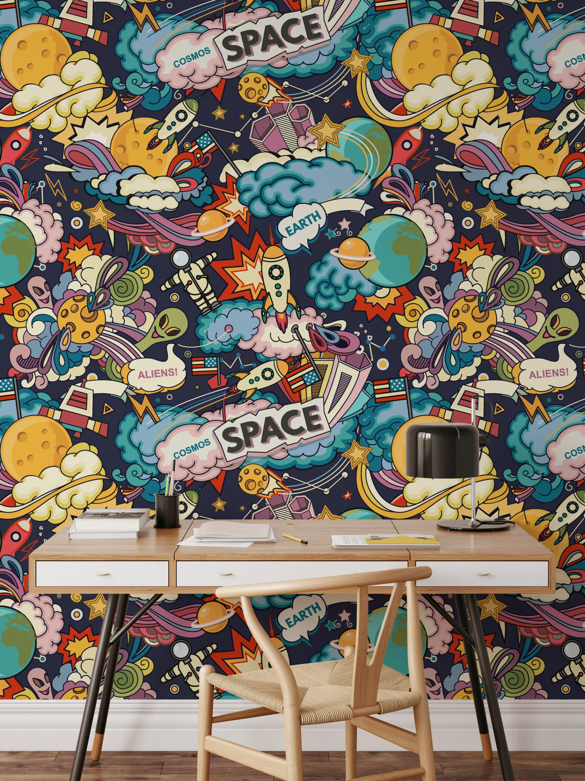 Cartoon Space Themed Kids Wallpaper Illustration, Vibrant Comic Space Adventure Peel & Stick Wall Mural