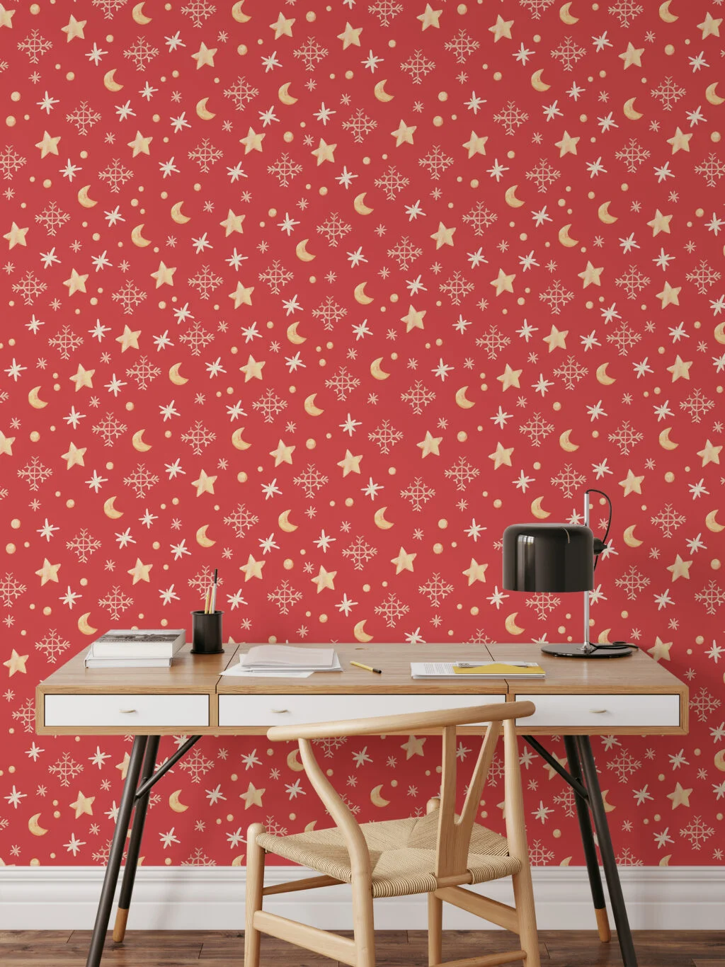 Cute Christmas Themed Stars And Moons Illustration Wallpaper, Festive Holiday Stars & Snowflakes Peel & Stick Wall Mural