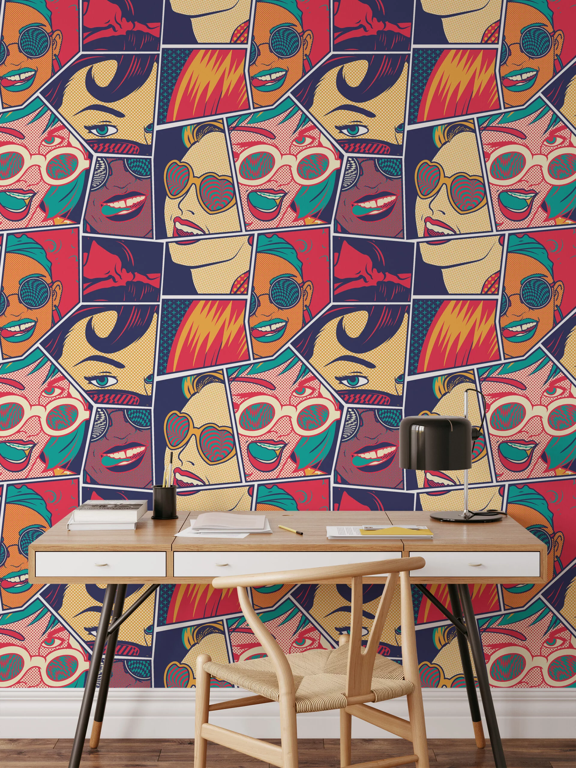 Retro Comic Book Pages With Faces Pattern Illustration Wallpaper, Retro Pop Art Faces Peel & Stick Wall Mural