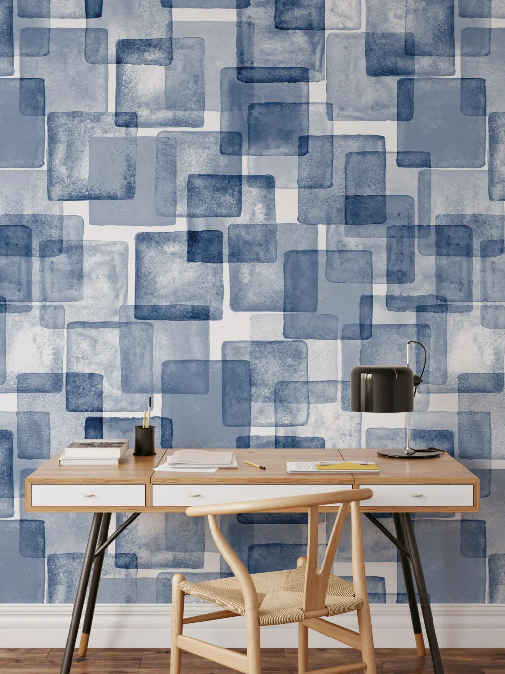 Watercolor Style Blue Squares Geometric Illustration Wallpaper, Artistic Cubist Dreams Peel & Stick Wall Mural
