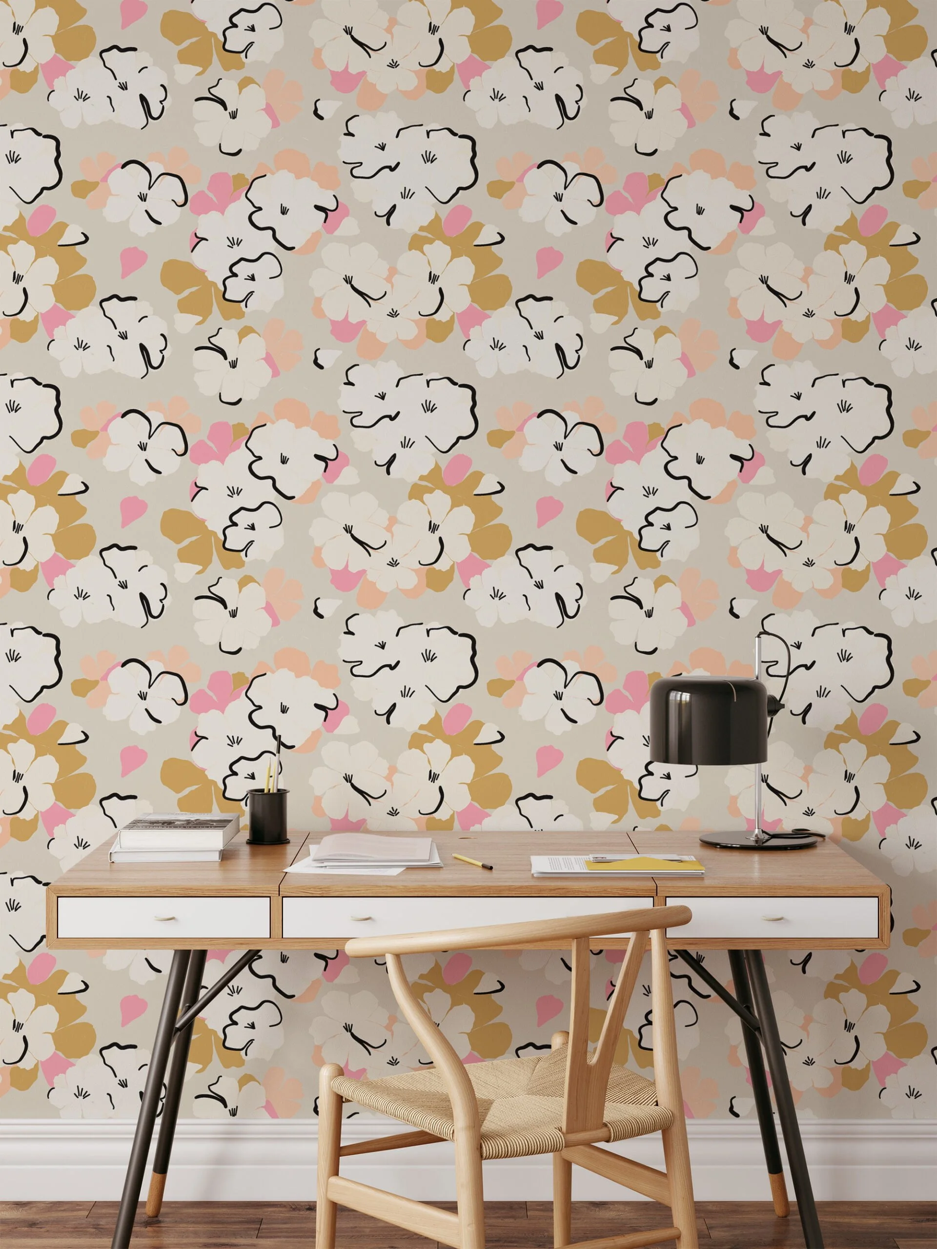 Abstract Floral Design Illustration Wallpaper, Neutral Elegant Peel & Stick Wall Mural