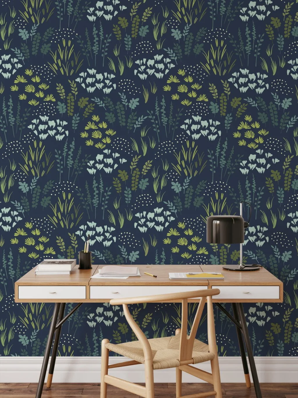 Dark Blue Flat Art Flowers And Leaves Illustration Wallpaper, Vintage Floral Elegant Peel & Stick Wall Mural