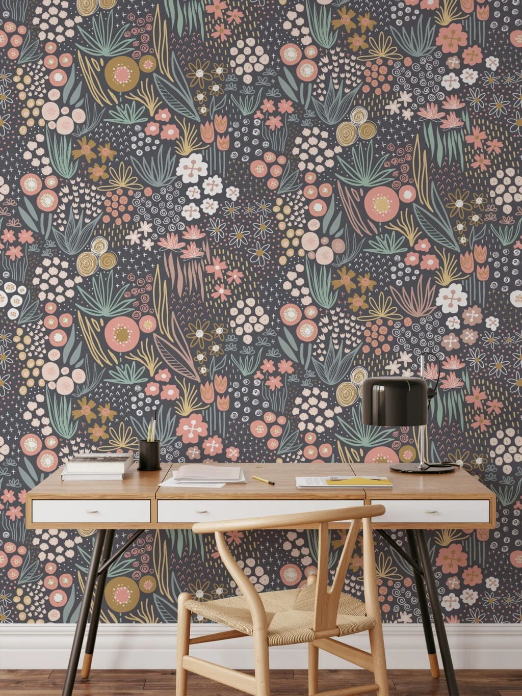 Flat Art Floral Design With A Brown Background Wallpaper, Enchanted Forest Florals Peel & Stick Wall Mural