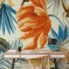 Large Tropical Orange Flowers With Blue Leaves Wallpaper, Vibrant Botanical Elegant Peel & Stick Wall Mural