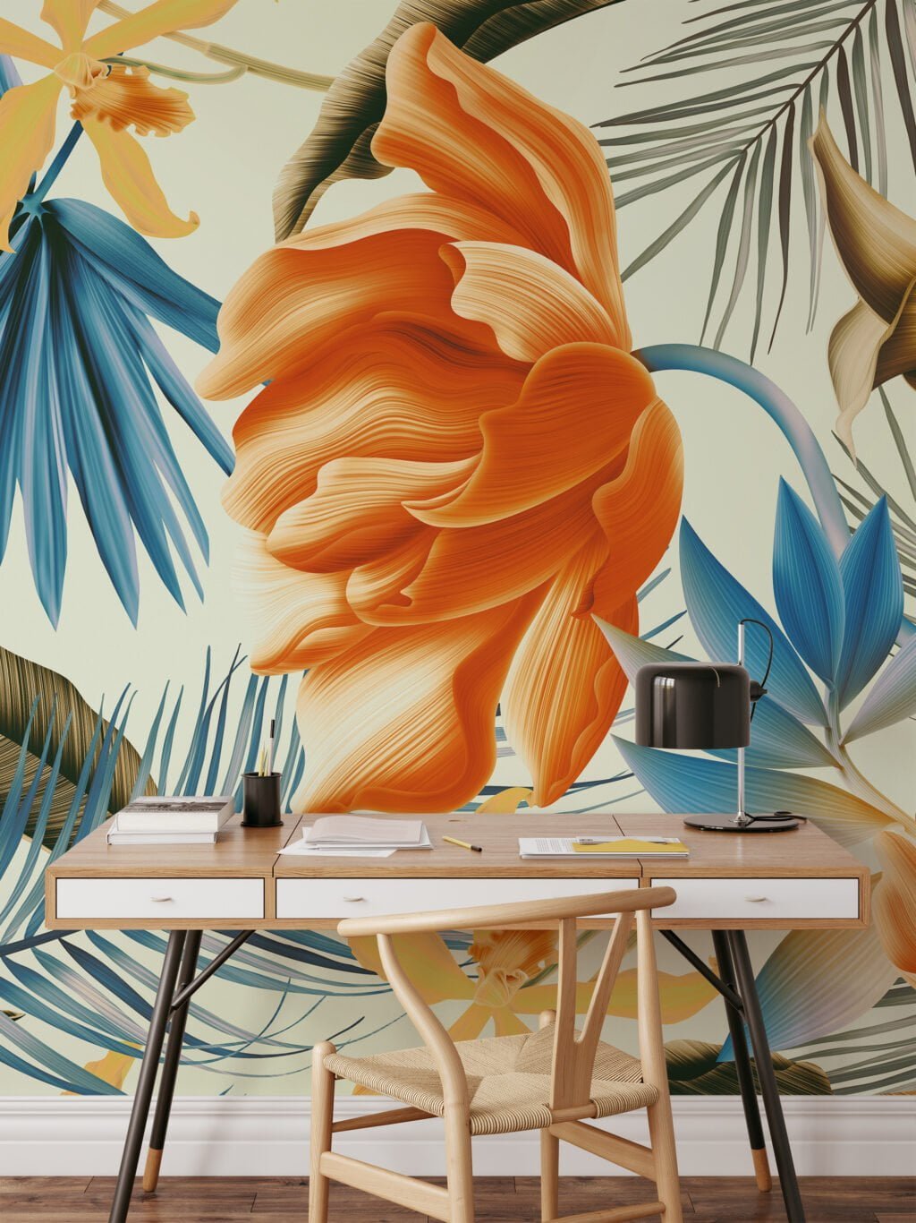 Large Tropical Orange Flowers With Blue Leaves Wallpaper, Vibrant Botanical Elegant Peel & Stick Wall Mural