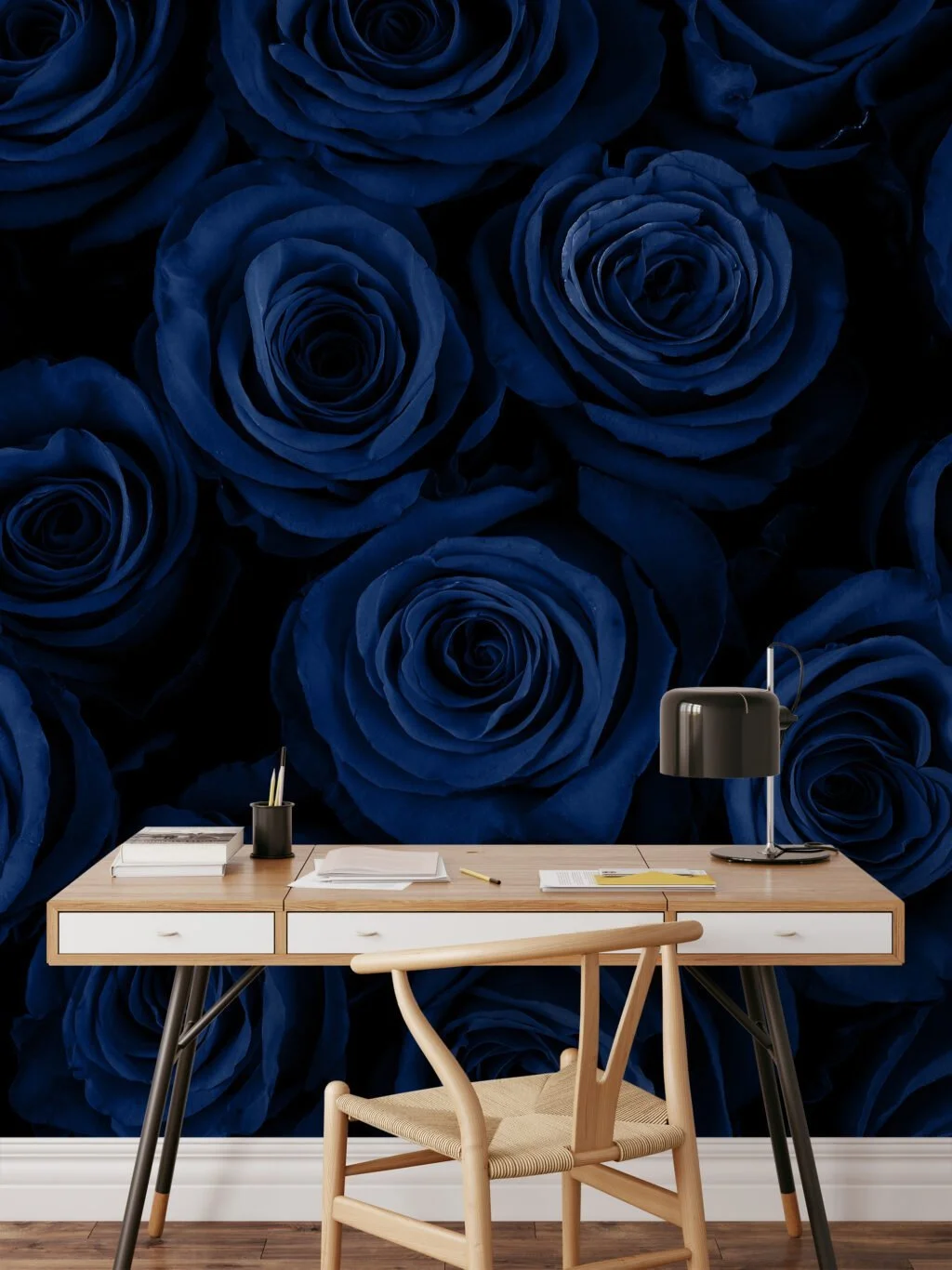 Floral Dark Blue Roses Wallpaper, Midnight Elegant Floral Peel & Stick Wall Mural