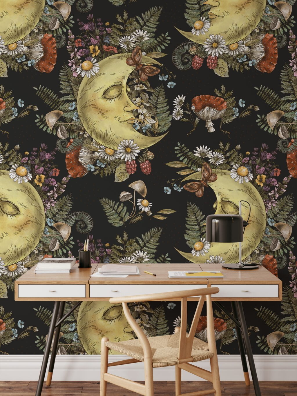 Mystical Floral Moon With Face On A Dark Background Illustration Wallpaper, Celestial Forest Peel & Stick Wall Mural