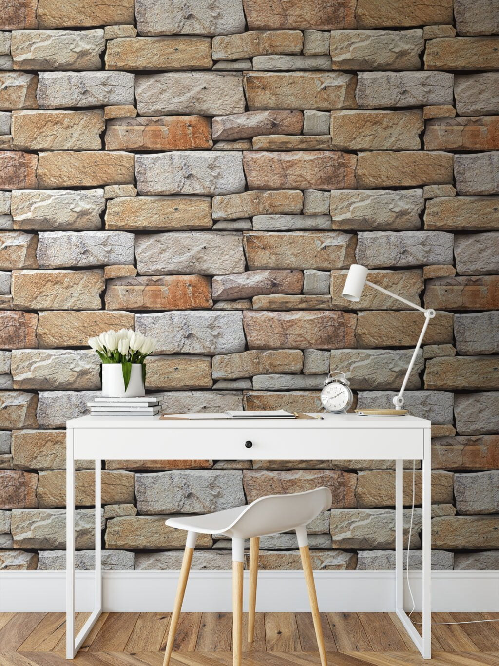 Brick Wall Stone Pattern Wallpaper, Detailed Faux Stonework Peel & Stick Wall Mural