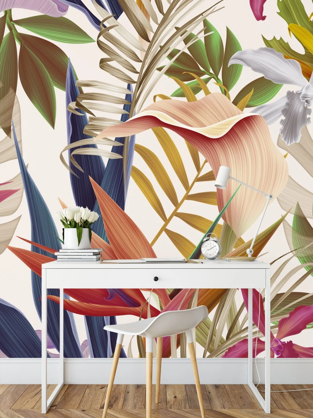 Colorful Tropical Flowers With Birds Of Paradise Wallpaper, Contemporary Nature Inspired Peel & Stick Wall Mural