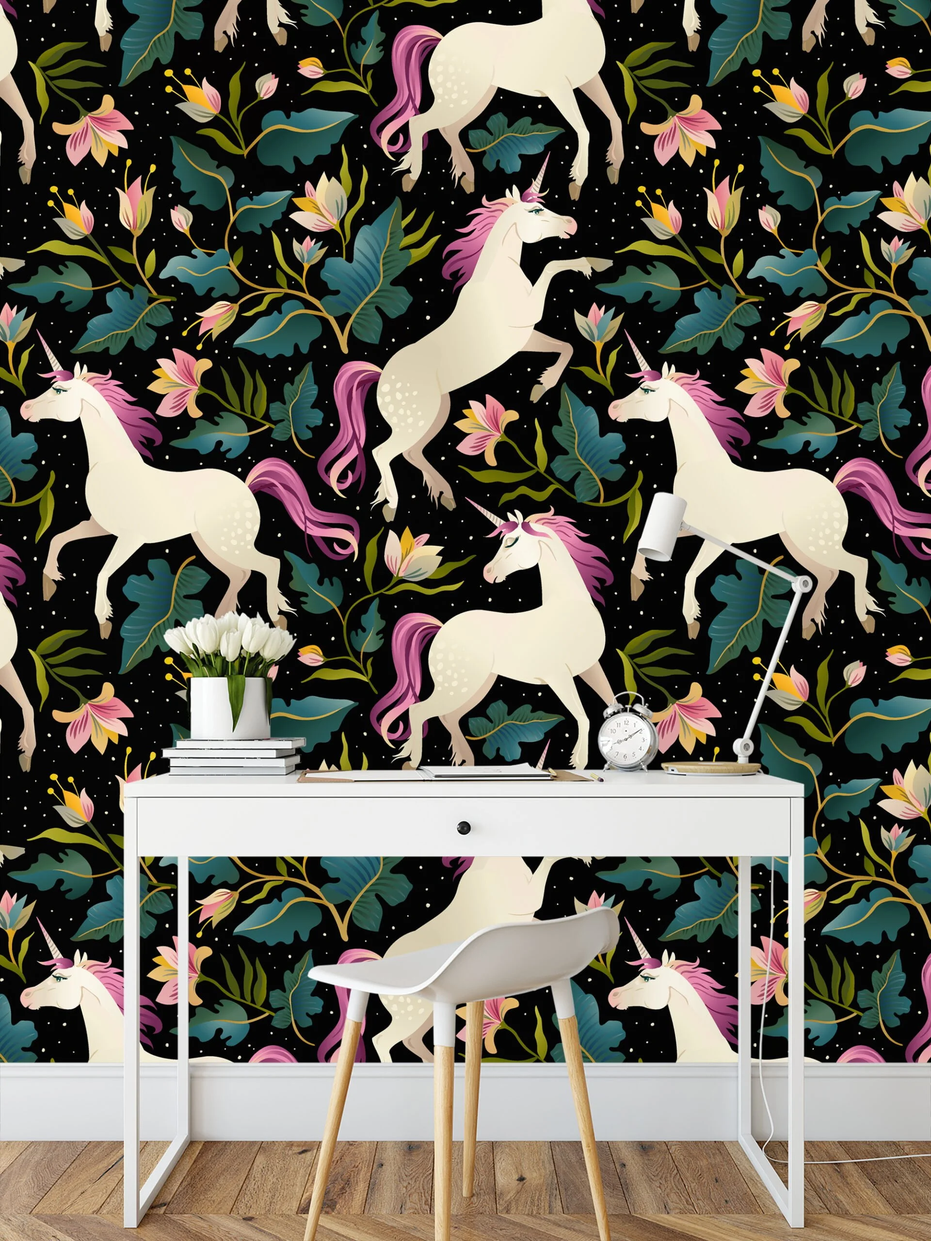 Cartoon Unicorn Illustration With A Dark Background Wallpaper, Enchanted Floral Peel & Stick Wall Mural