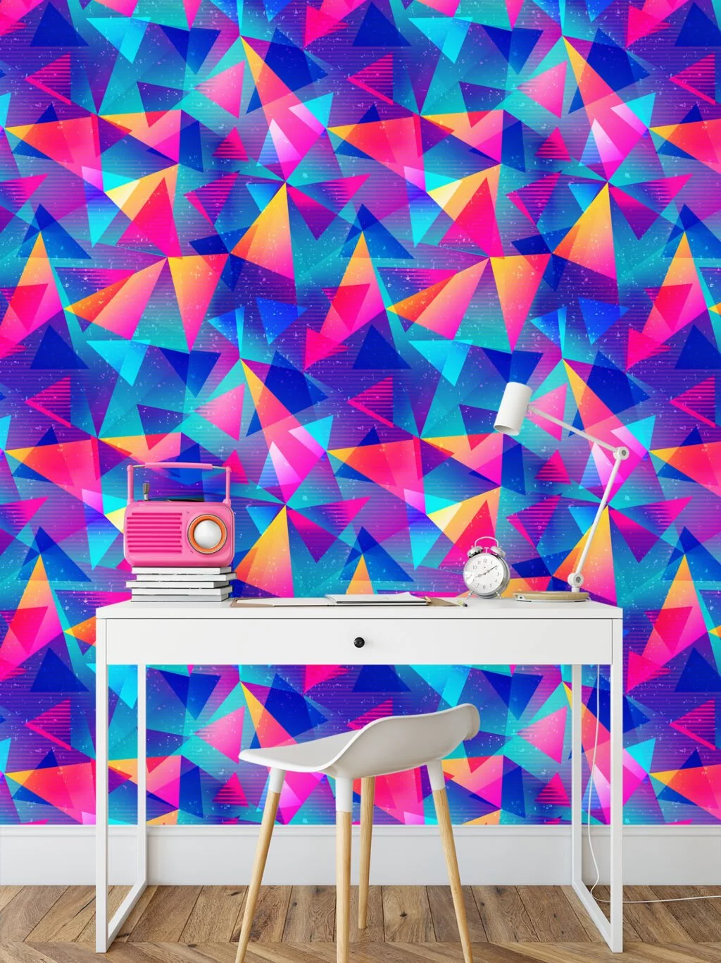 Retro Style Abstract Colorful Triangles Illustration Wallpaper, Electric Retro Peel & Stick Wall Mural