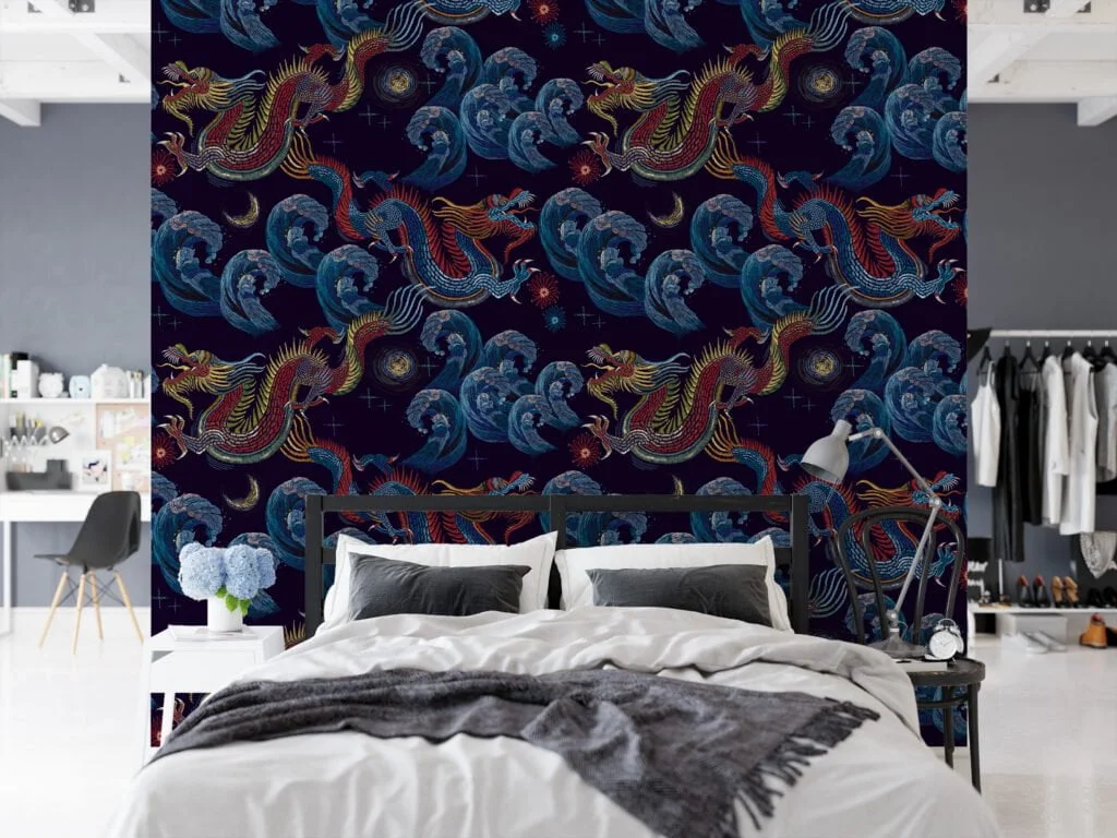 Traditional Dark Wallpaper with Dragons and Waves Wallpaper, Navy Chinoiserie Wall Mural with Mythical Beasts