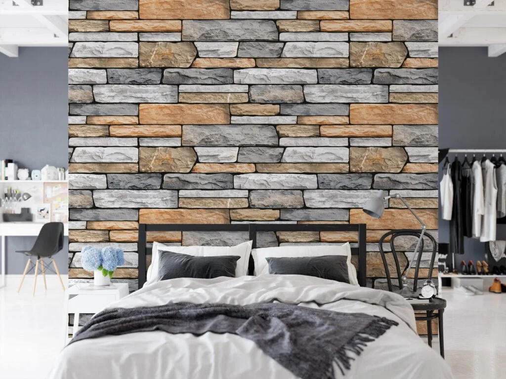 Large Brick Stone Wall Wallpaper, Contemporary Layered Stone Faux Peel & Stick Wall Mural