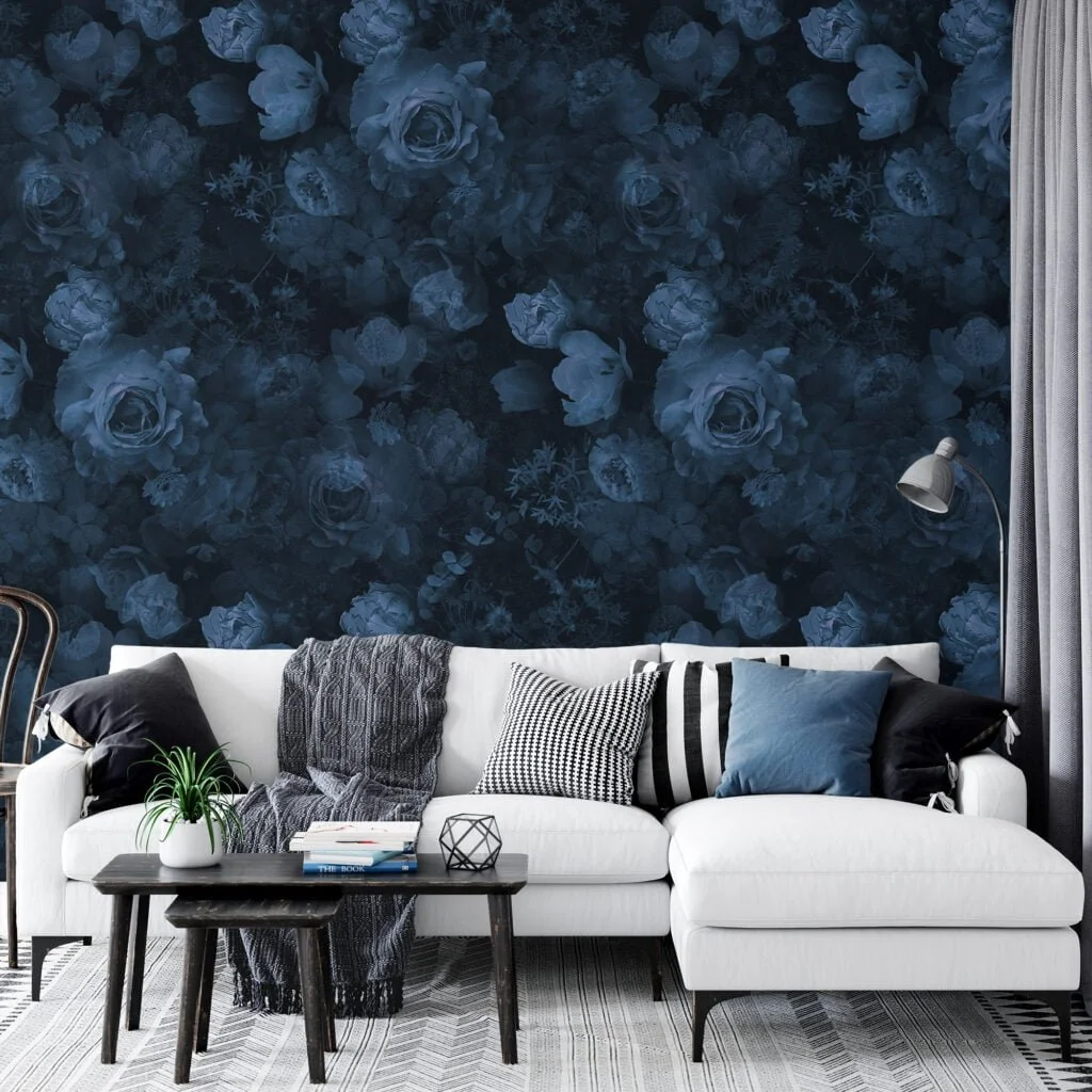 Dark Blue Flower And Roses Floral Pattern Illustration Wallpaper, Midnight Garden Peel & Stick Wall Mural