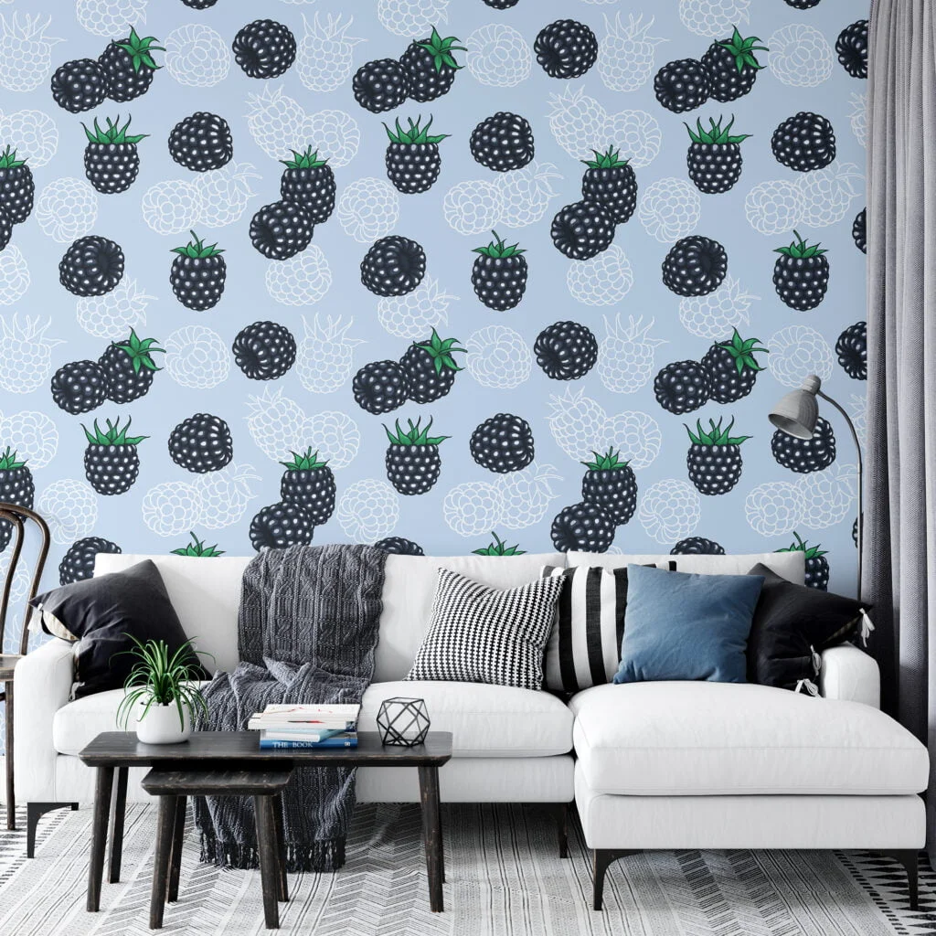 Black Berries Pattern Illustration Wallpaper, Whimsical Berries on Soft Blue Peel & Stick Wall Mural