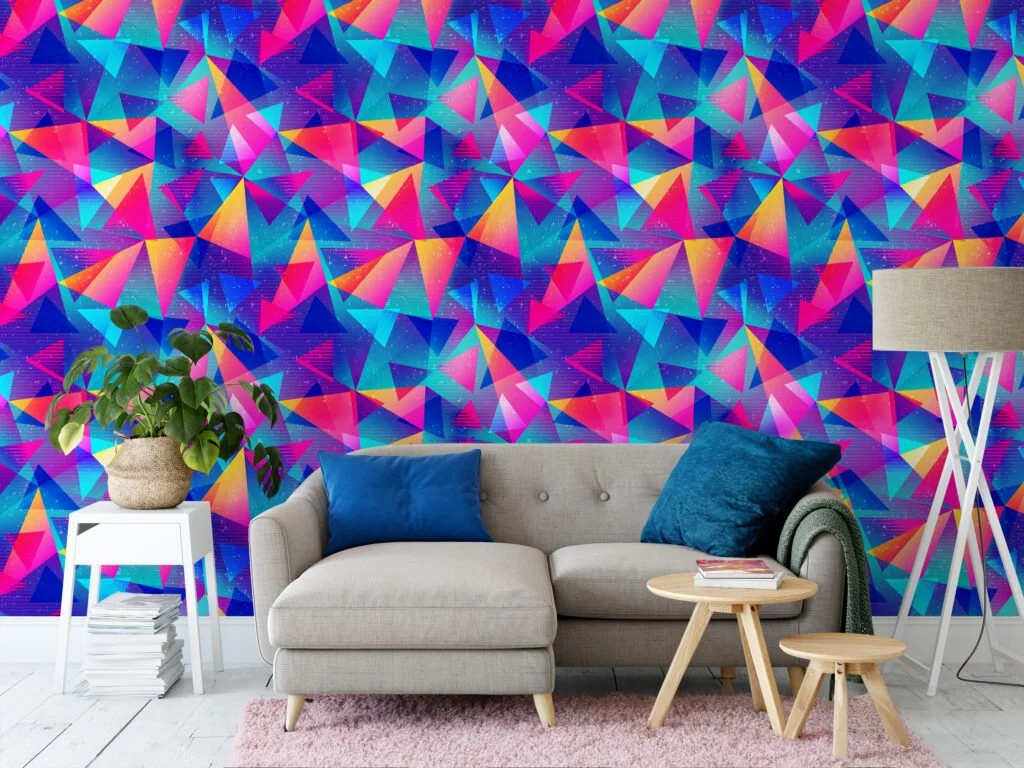 Retro Style Abstract Colorful Triangles Illustration Wallpaper, Electric Retro Peel & Stick Wall Mural