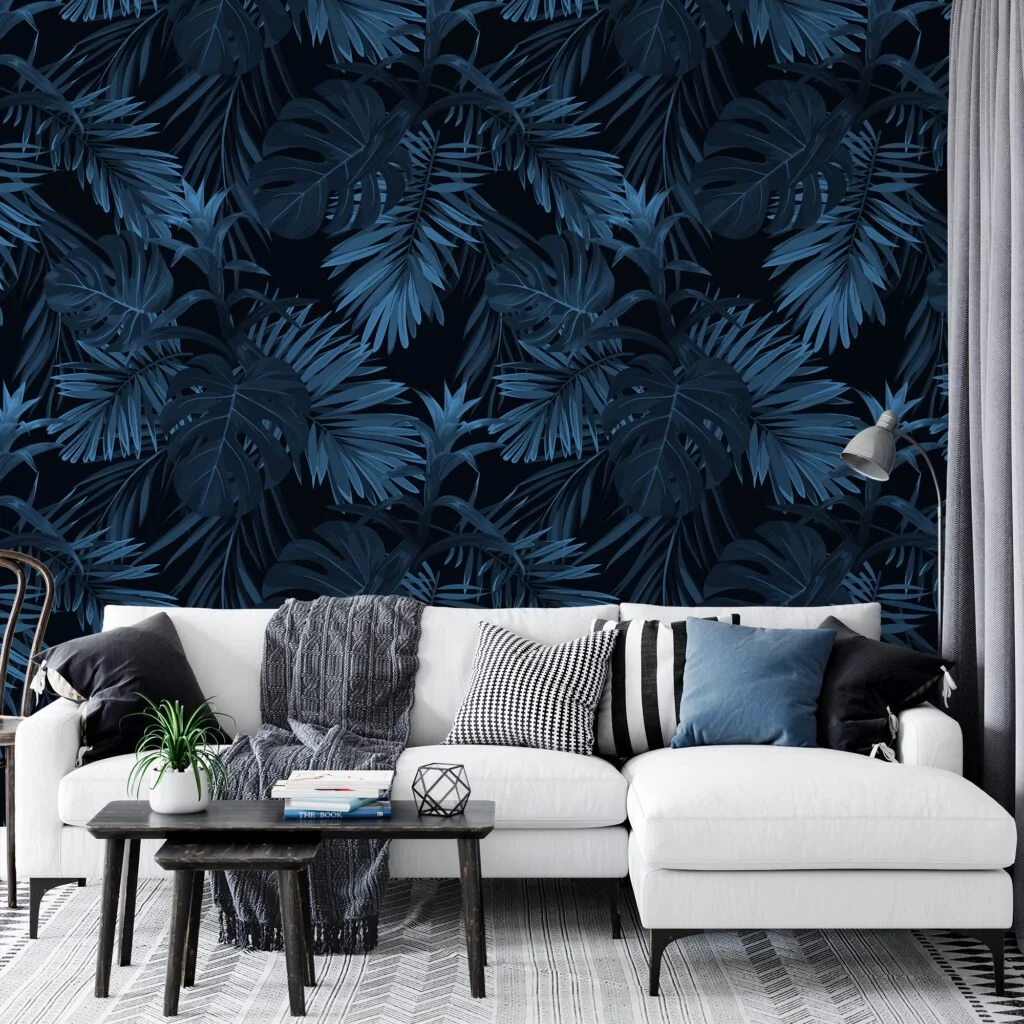 Dark Blue Tropical Leaves Forest Illustration Wallpaper, Dark Elegant Peel & Stick Wall Mural