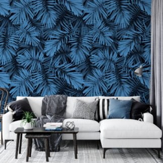 Blue Large Leaves Illustration Wallpaper, Tropical Leaf Design Peel & Stick Wall Mural