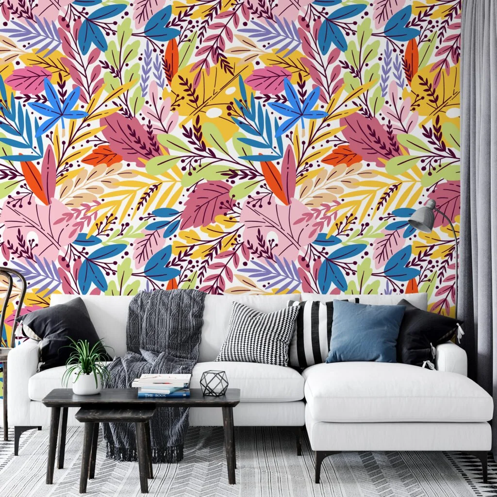 Colorful leaves Illustration Wallpaper, Vibrant Leaf Pattern Peel & Stick Wall Mural