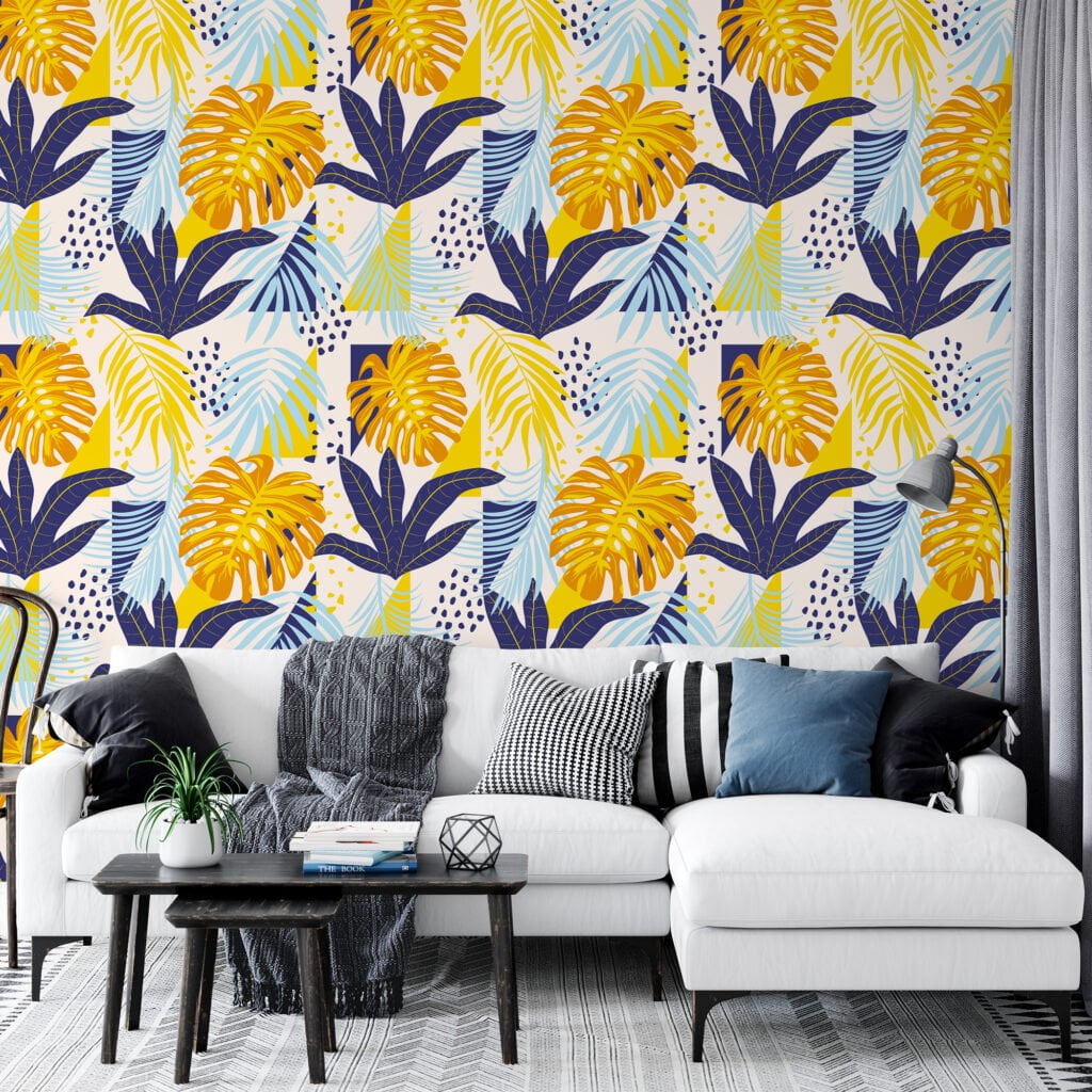 Large Abstract Tropical Colorful Leaves Illustration Wallpaper, Bold Blue And Yellow Peel & Stick Wall Mural