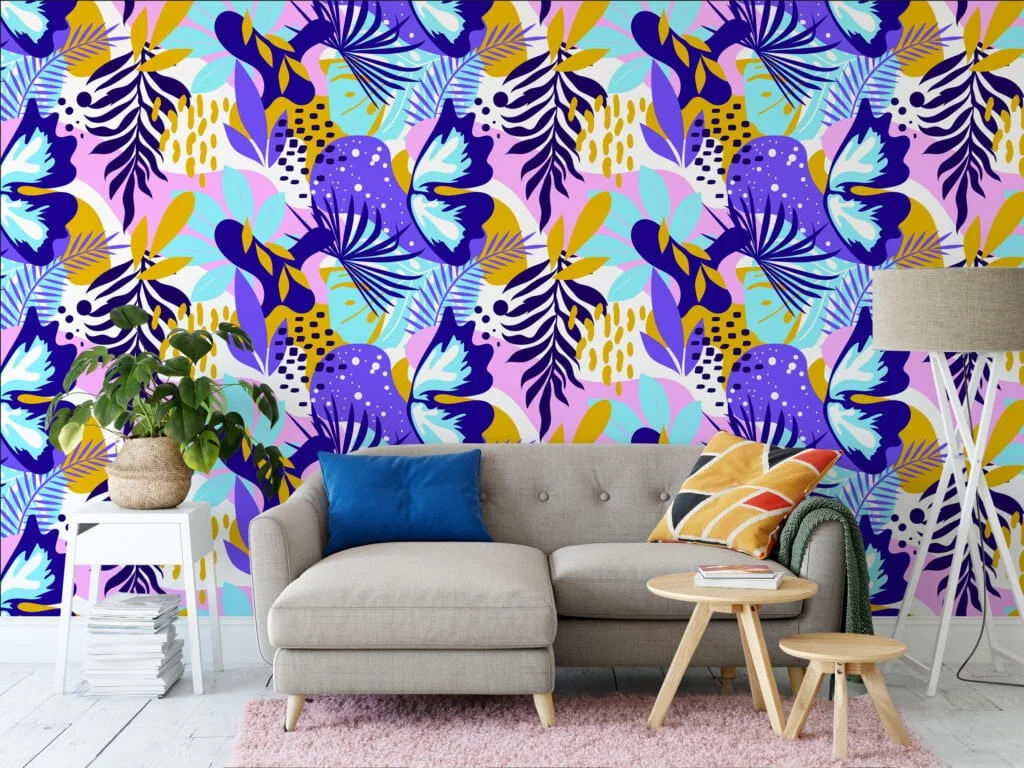 Large Colorful Abstract Leaves Illustration Wallpaper, Vibrant Tropical Peel & Stick Wall Mural