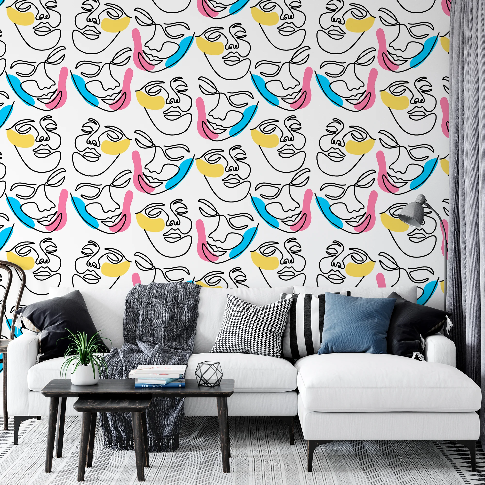 Abstract Faces Line Art Illustration Wallpaper, Vibrant Contemporary Peel & Stick Wall Mural