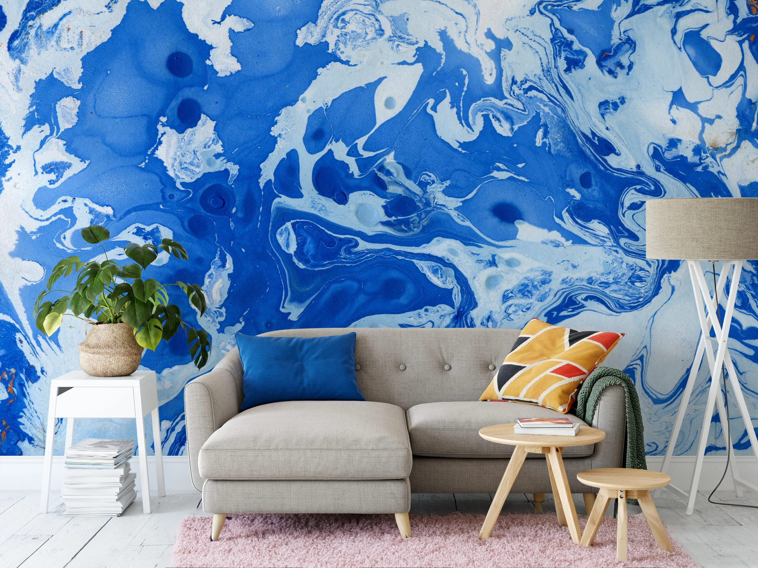 Blue Swirly Ink Art Illustration Wallpaper, Artistic Wave Design Peel & Stick Wall Mural