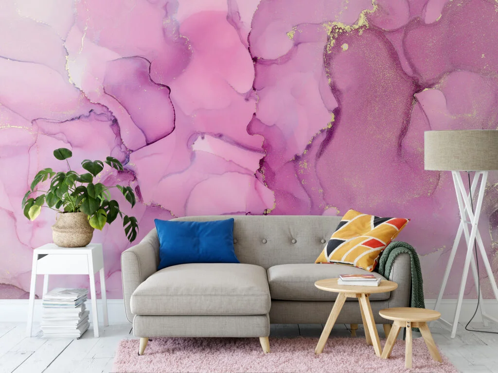 Pink Shades Alcohol Ink Art Marble Wallpaper, Sparkling Pink Marble Peel & Stick Wall Mural