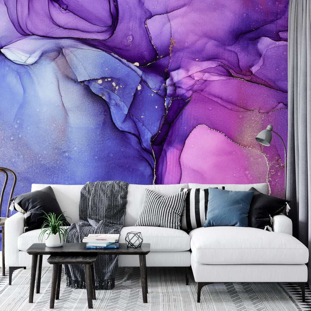 Bright Purple And Blue Alcohol Ink ArtWallpaper, Enchanted Violet Marble Peel & Stick Wall Mural