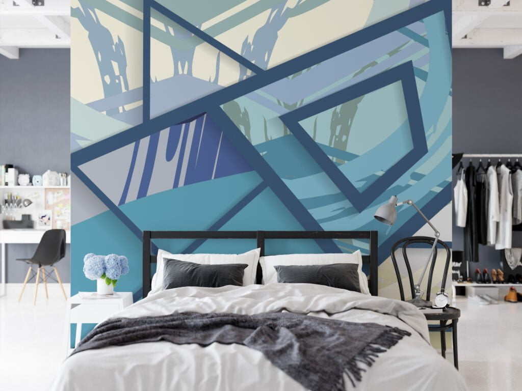 Large Geometric Wallpaper With Modern Blue Splashes Illustration, Blue Angular Design Peel & Stick Wall Mural