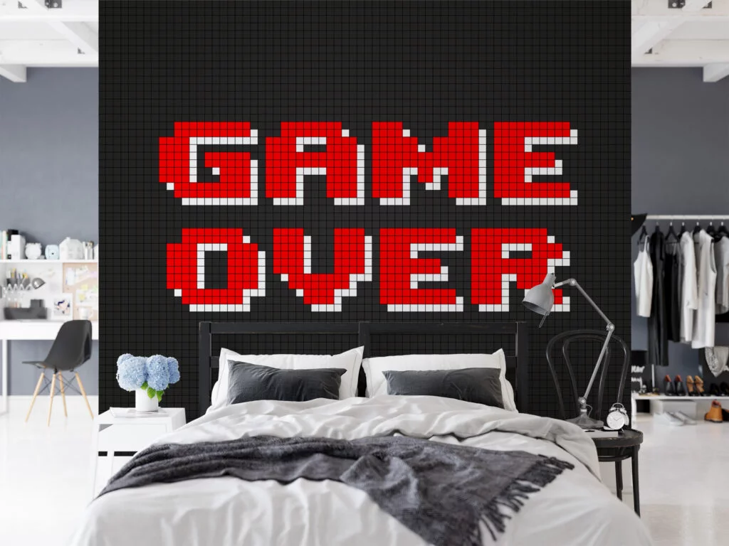 Game Over Video Game Pixel Art Wallpaper, Nostalgic Gamer Wall Decor Peel & Stick Wall Mural