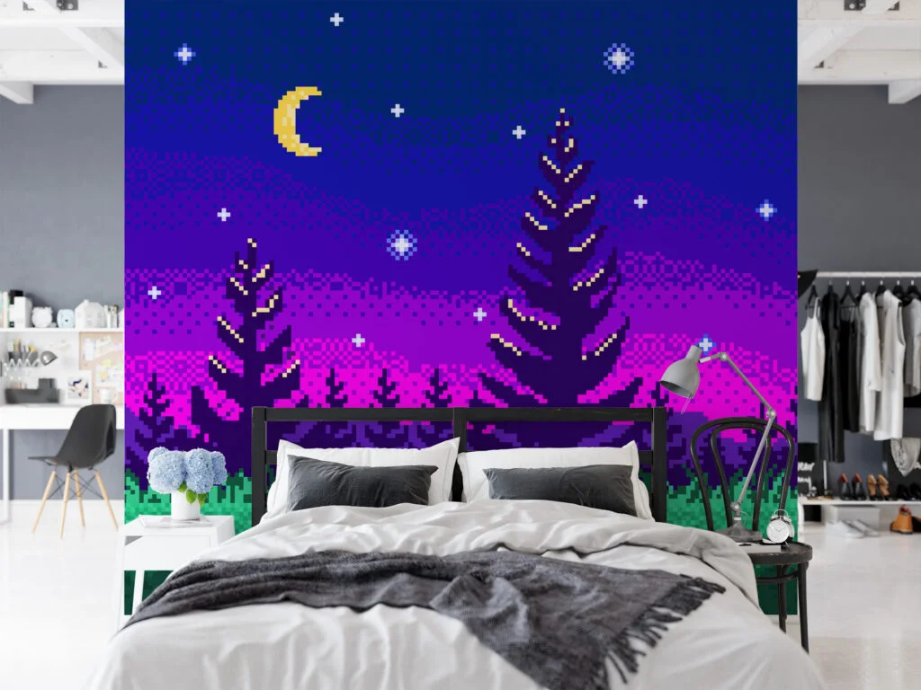 Pixel Art Night Trees With Purple Gradient Background Wallpaper, Pixelated Starry Night Forest Peel & Stick Wall Mural