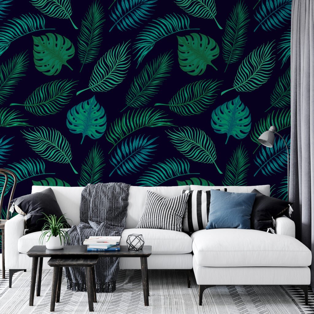 Tropical Leaves Illustration Pattern Wallpaper, Exotic Botanical Leaves Peel & Stick Wall Mural