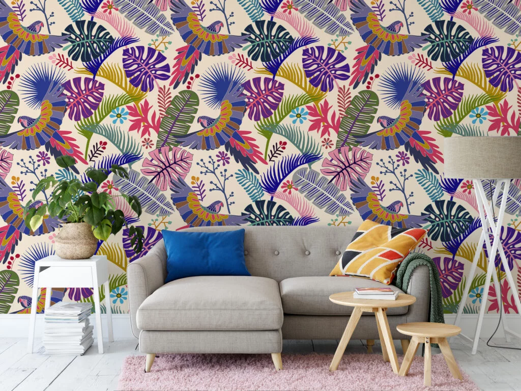 Colorful Tropical Illustration With Parrots Wallpaper, Vibrant Tropical Foliage Peel & Stick Wall Mural