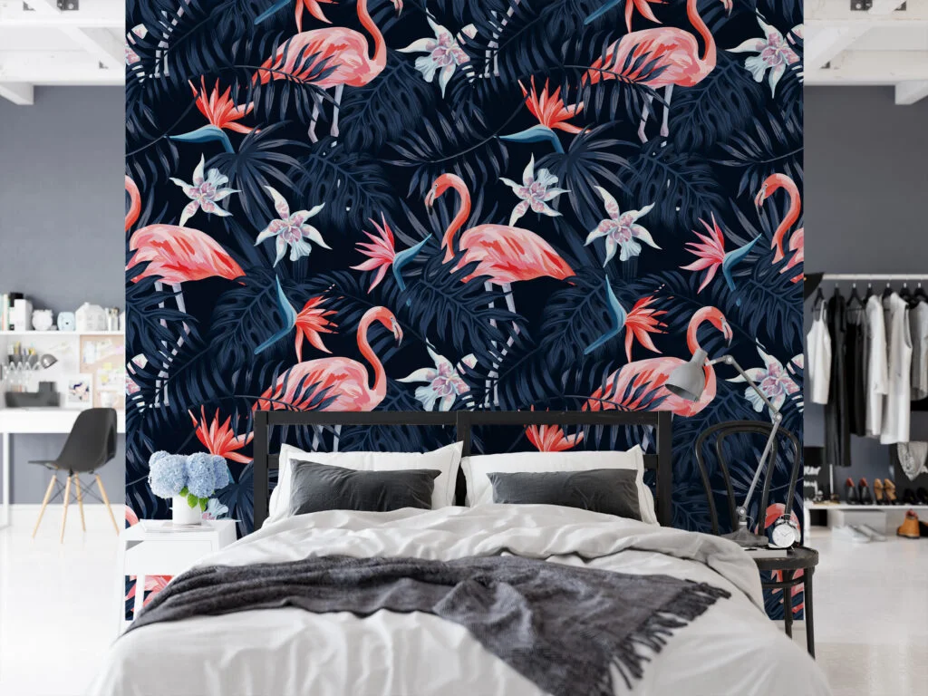 Dark Blue Tropical Leaves With Flamingos Illustration Wallpaper, Majestic Flamingos Peel & Stick Wall Mural