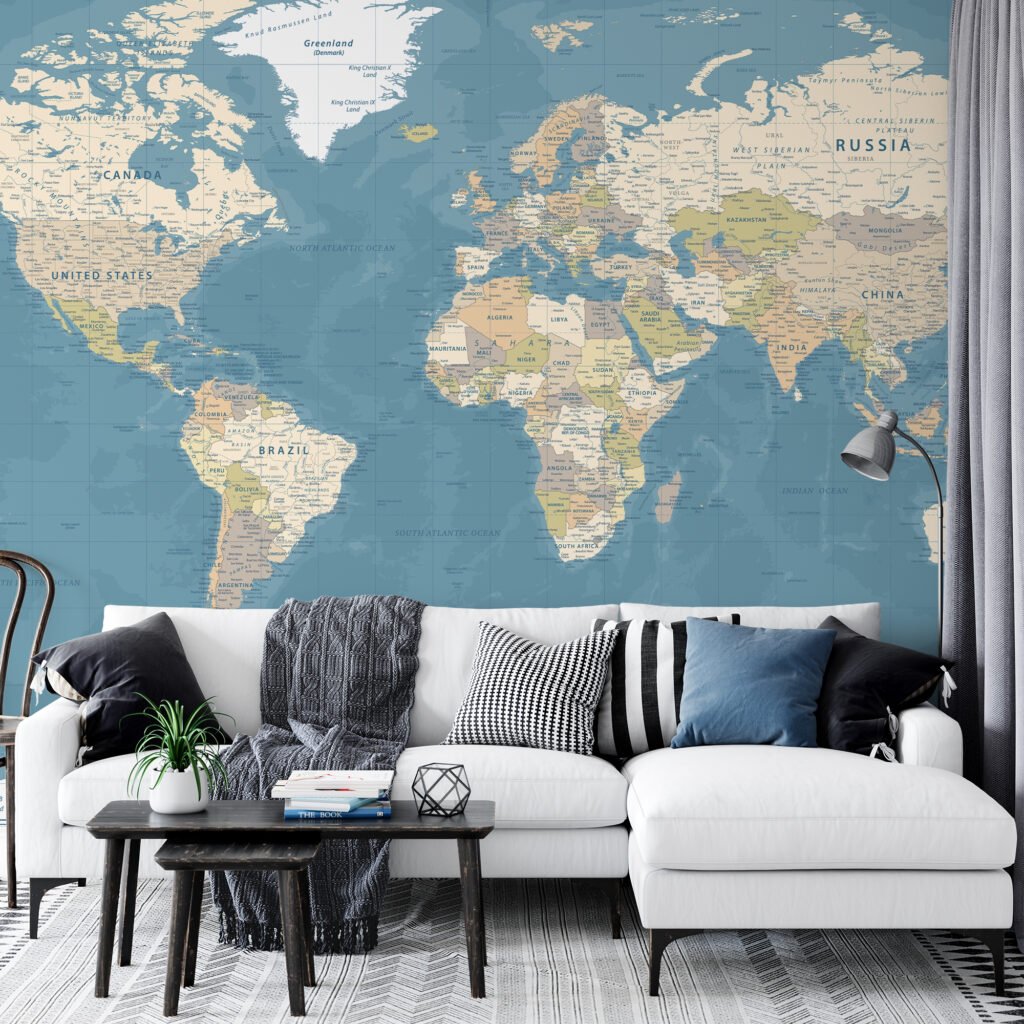 Large World Map Illustration With Every Country Wallpaper, Detailed World Map Peel & Stick Wall Mural