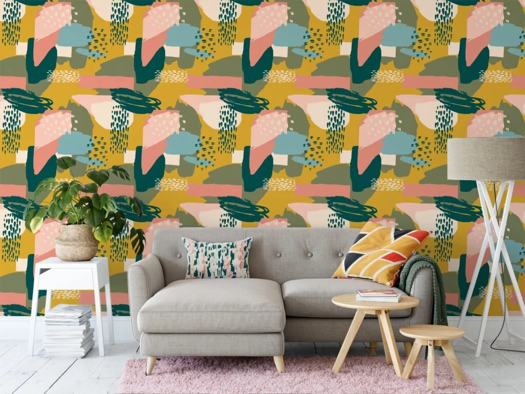 Abstract Flat Art Tropical Design Illustration Wallpaper, Trendy Geometric Shapes Peel & Stick Wall Mural