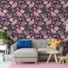 Colorful Folk Art Birds And Flowers Wallpaper, Vintage Pink Birds & Floral Peel & Stick Wall Mural