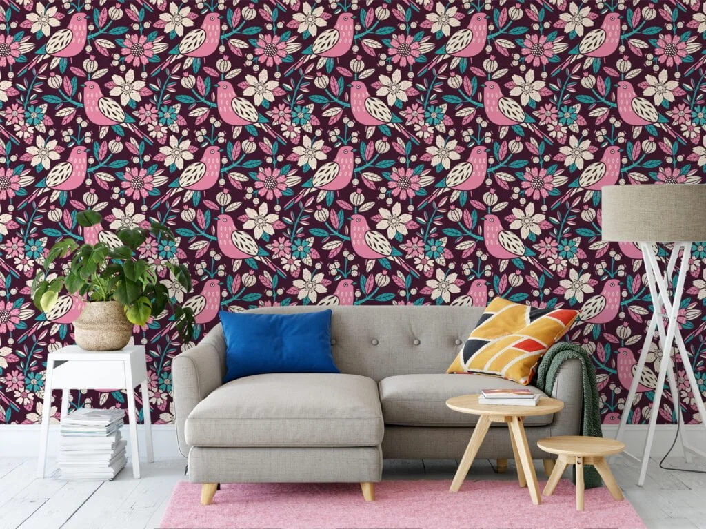 Colorful Folk Art Birds And Flowers Wallpaper, Vintage Pink Birds & Floral Peel & Stick Wall Mural