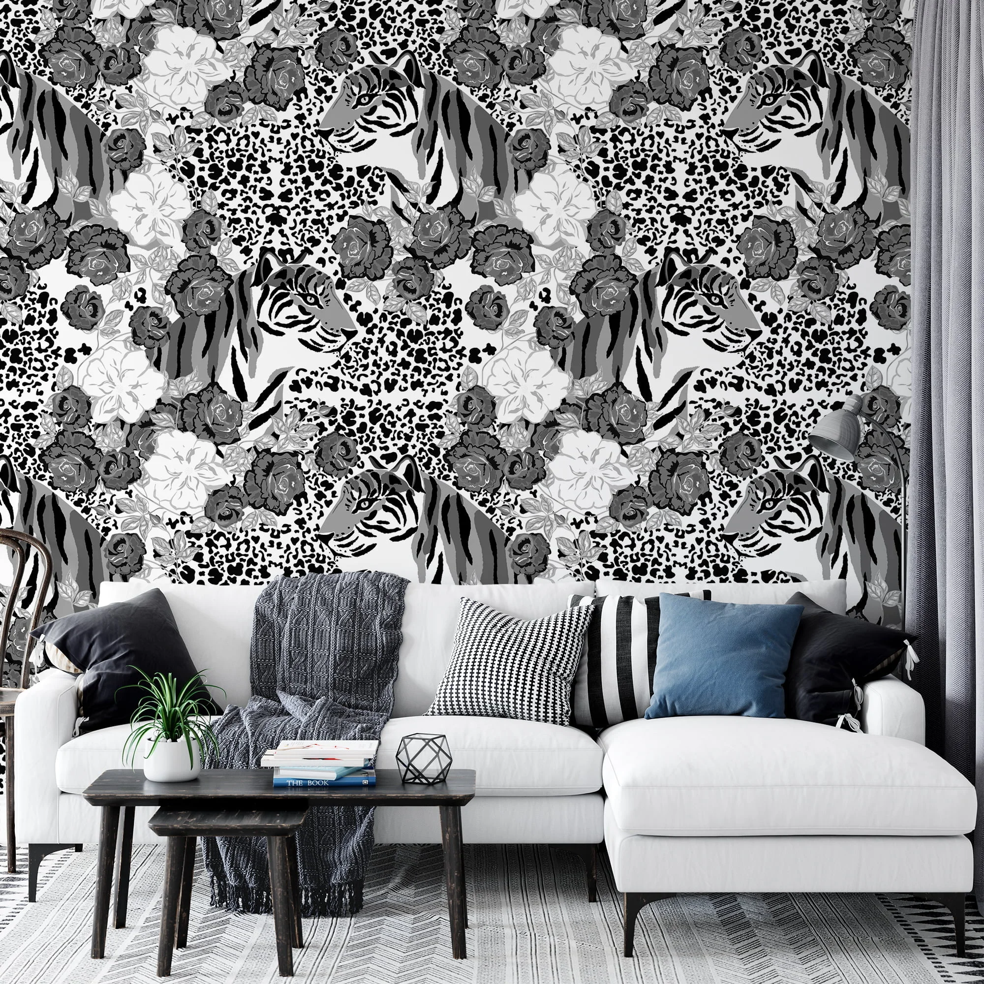 GreyScaled Roses And Tigers With Leopard Print Illustration Wallpaper, Monochrome Tiger & Floral Peel & Stick Wall Mural