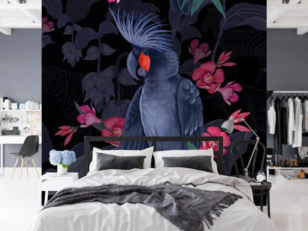 Dark Midnight Blue Large Parrot With Pink Flowers Wallpaper, Elegant Tropical Peel & Stick Wall Mural